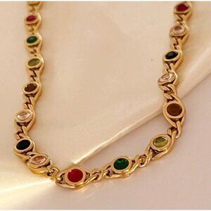 18K Gold Plated Colorful Zircon Necklace Cuban Chain Necklace Stainless Steel